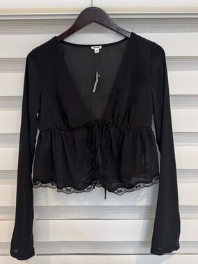 NWT Garage Black Sheer Lace-Hem Peplum Blouse